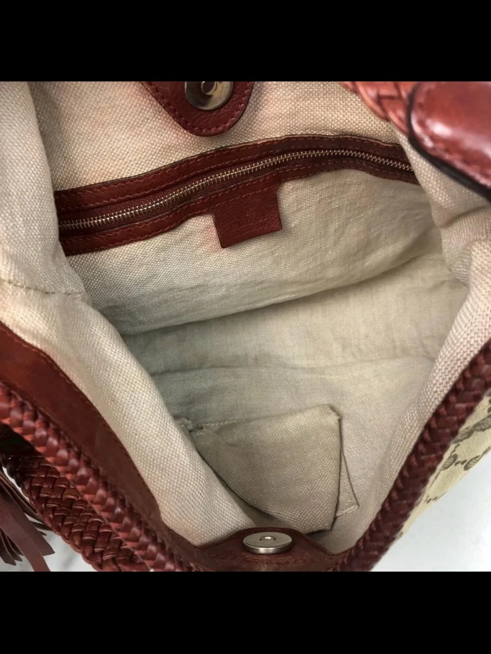 Gucci Beige Monogram Hobo with Brown Leather Trim and Tassel